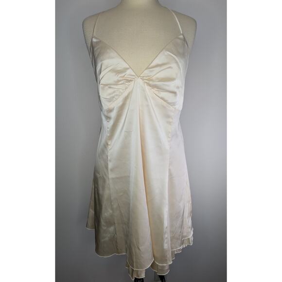 Forever 21+ Ivory Cream Golden Satin Slip Dress Women's 1X EUC Tie Neck Lined - Picture 1 of 8